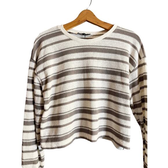 ZARA Crop Rustic Sweater Striped Long Sleeves Cotton White Gray Crew Neck Medium - Picture 7 of 11
